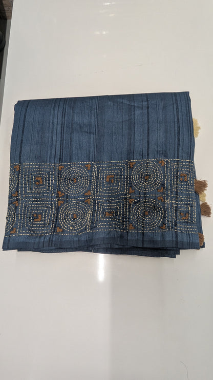 Grey Color Chanderi Silk Saree with Katha thread work