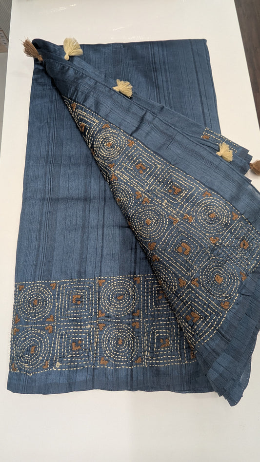 Grey Color Chanderi Silk Saree with Katha thread work