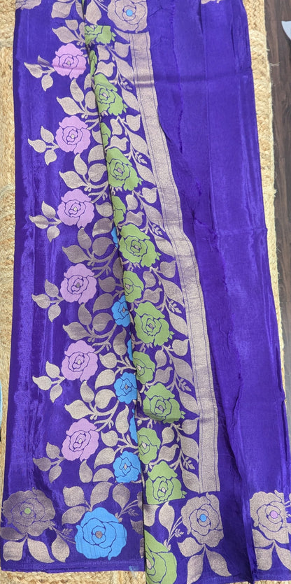 Purple Crepe Silk Saree with Flower Zari Border