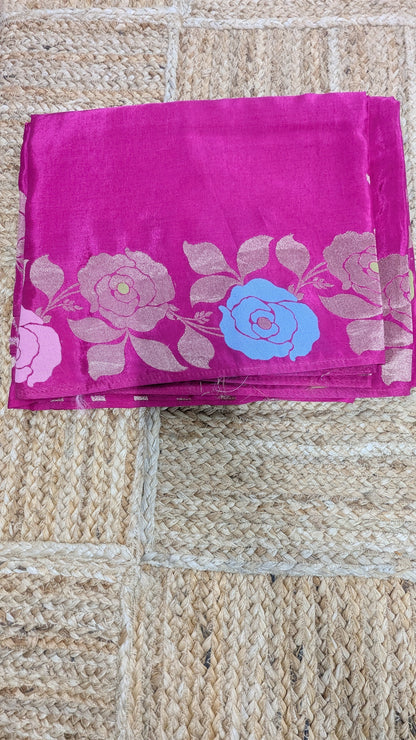 Rani Pink Crepe Silk Saree with Flower Zari Border