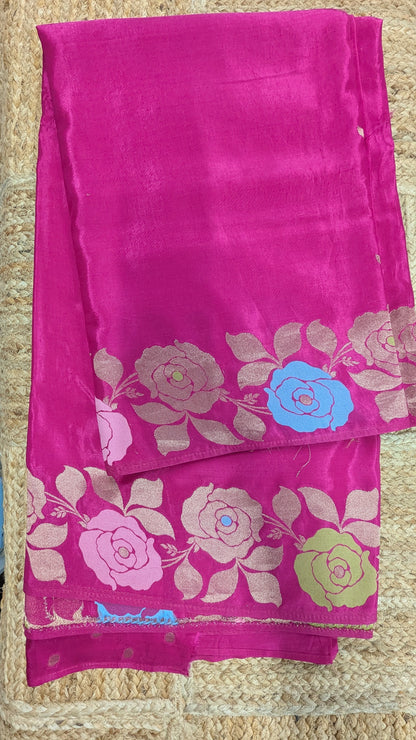 Rani Pink Crepe Silk Saree with Flower Zari Border