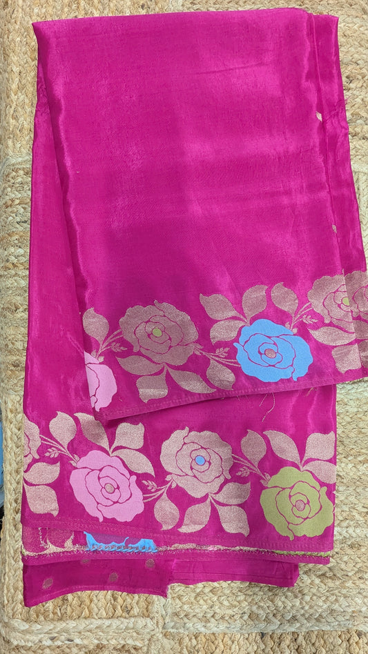 Rani Pink Crepe Silk Saree with Flower Zari Border