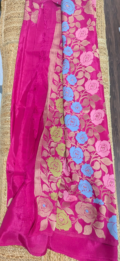 Rani Pink Crepe Silk Saree with Flower Zari Border