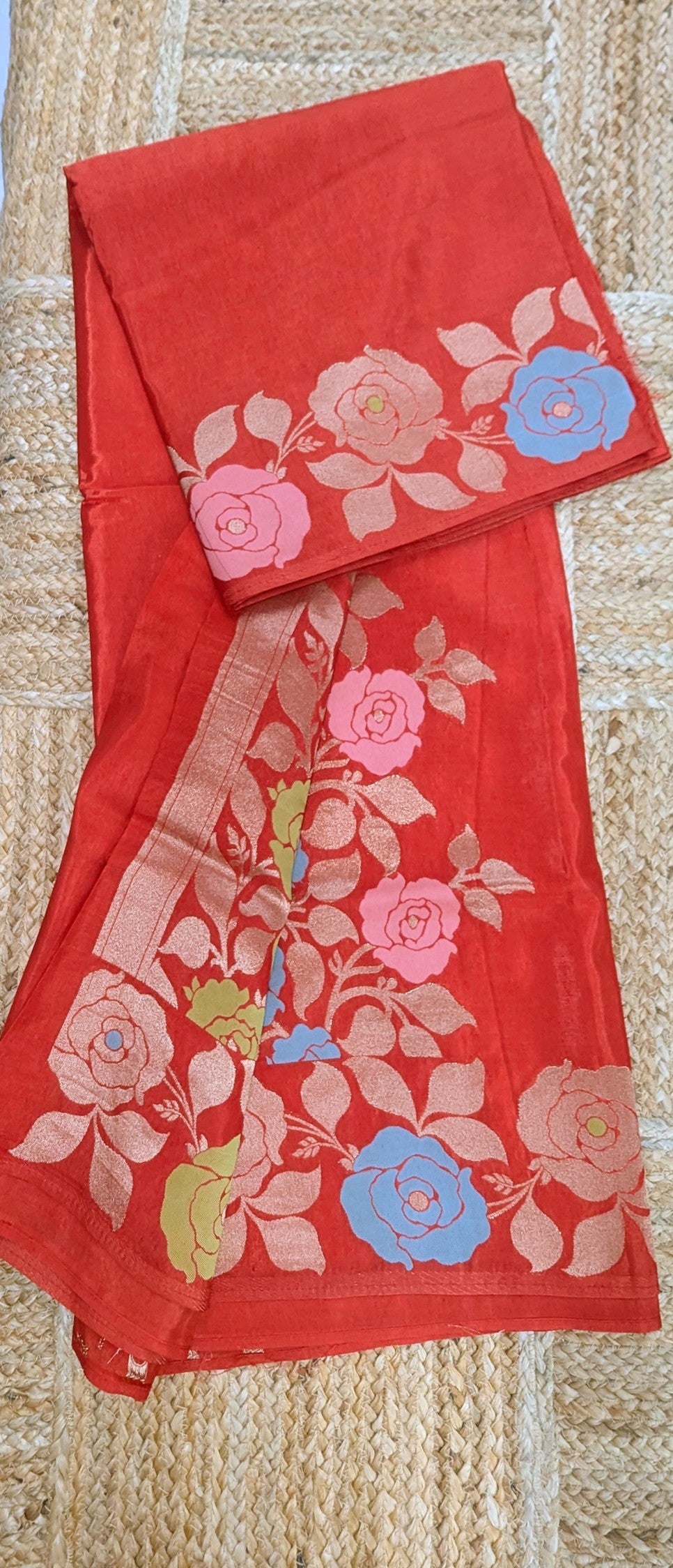 Orange Crepe Silk Saree with Flower Zari Border