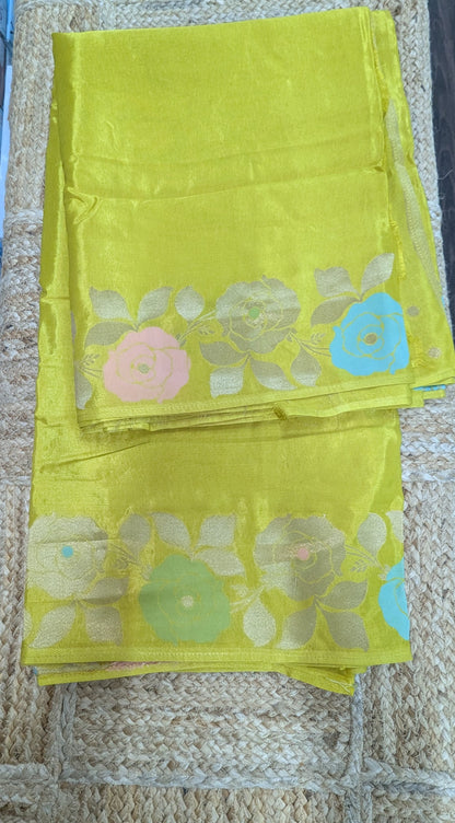 Yellow Crepe Silk Saree with Flower Zari Border