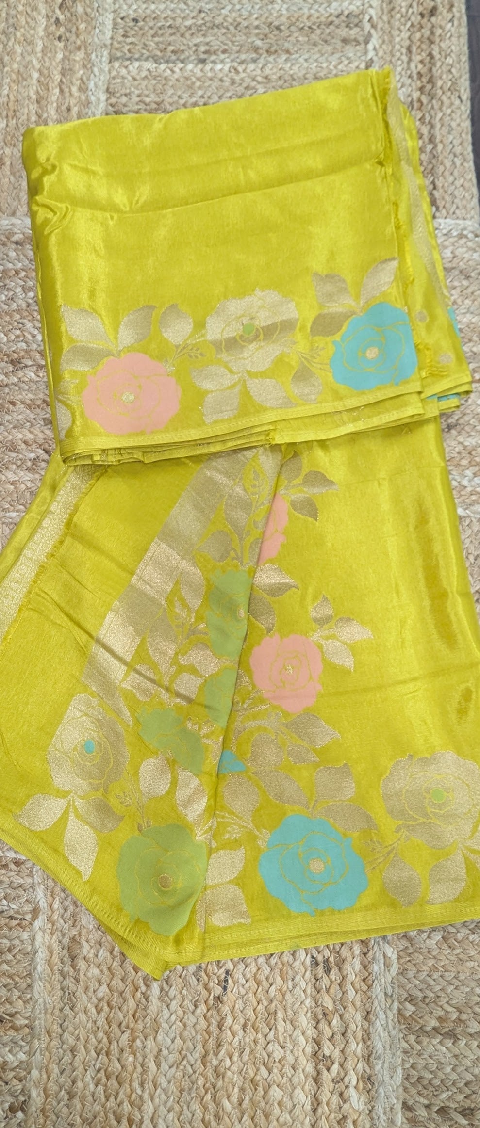 Yellow Crepe Silk Saree with Flower Zari Border