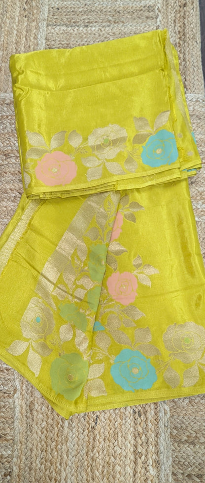 Yellow Crepe Silk Saree with Flower Zari Border