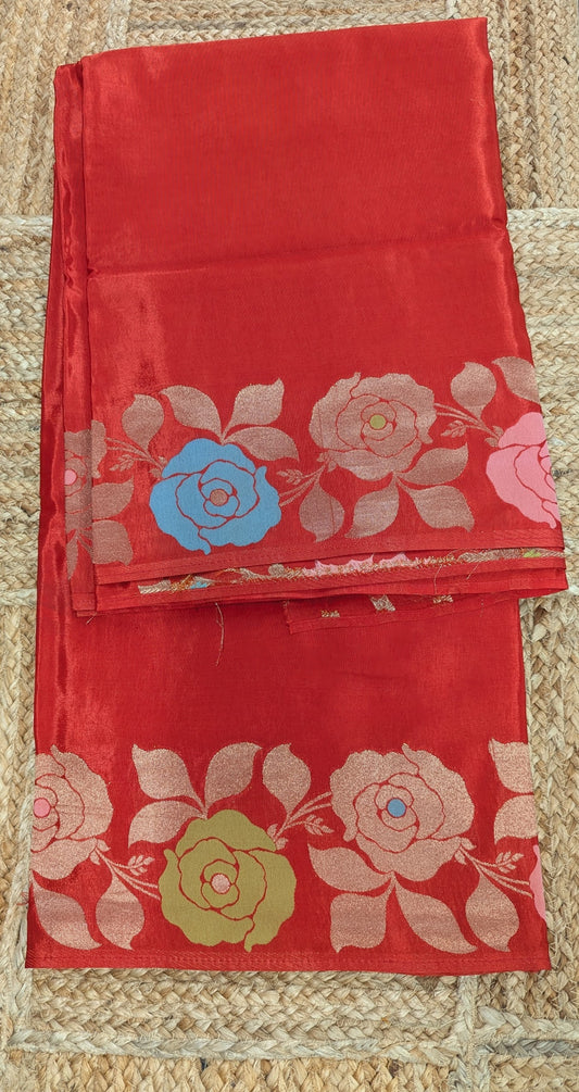 Orange Crepe Silk Saree with Flower Zari Border