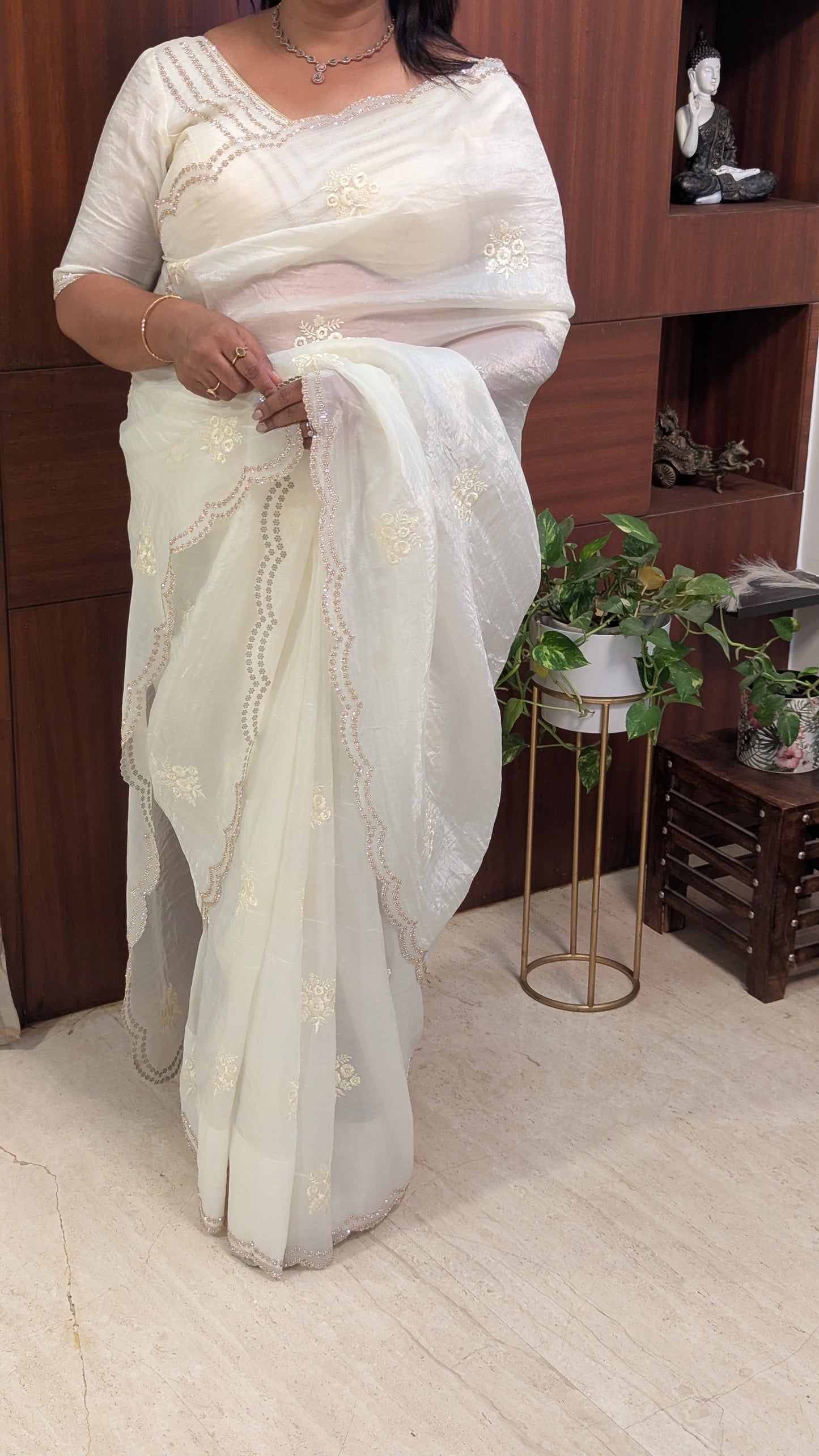 White Fancy Saree with Embroidery