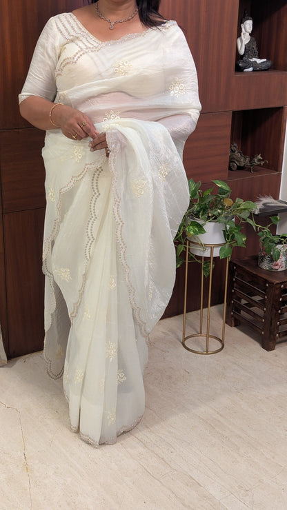 White Fancy Saree with Embroidery