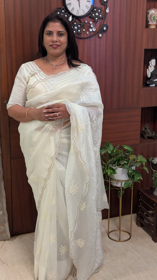 White Fancy Saree with Embroidery
