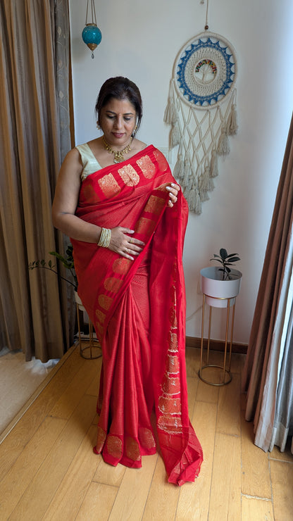 Red Small Checks Crepe Silk Saree