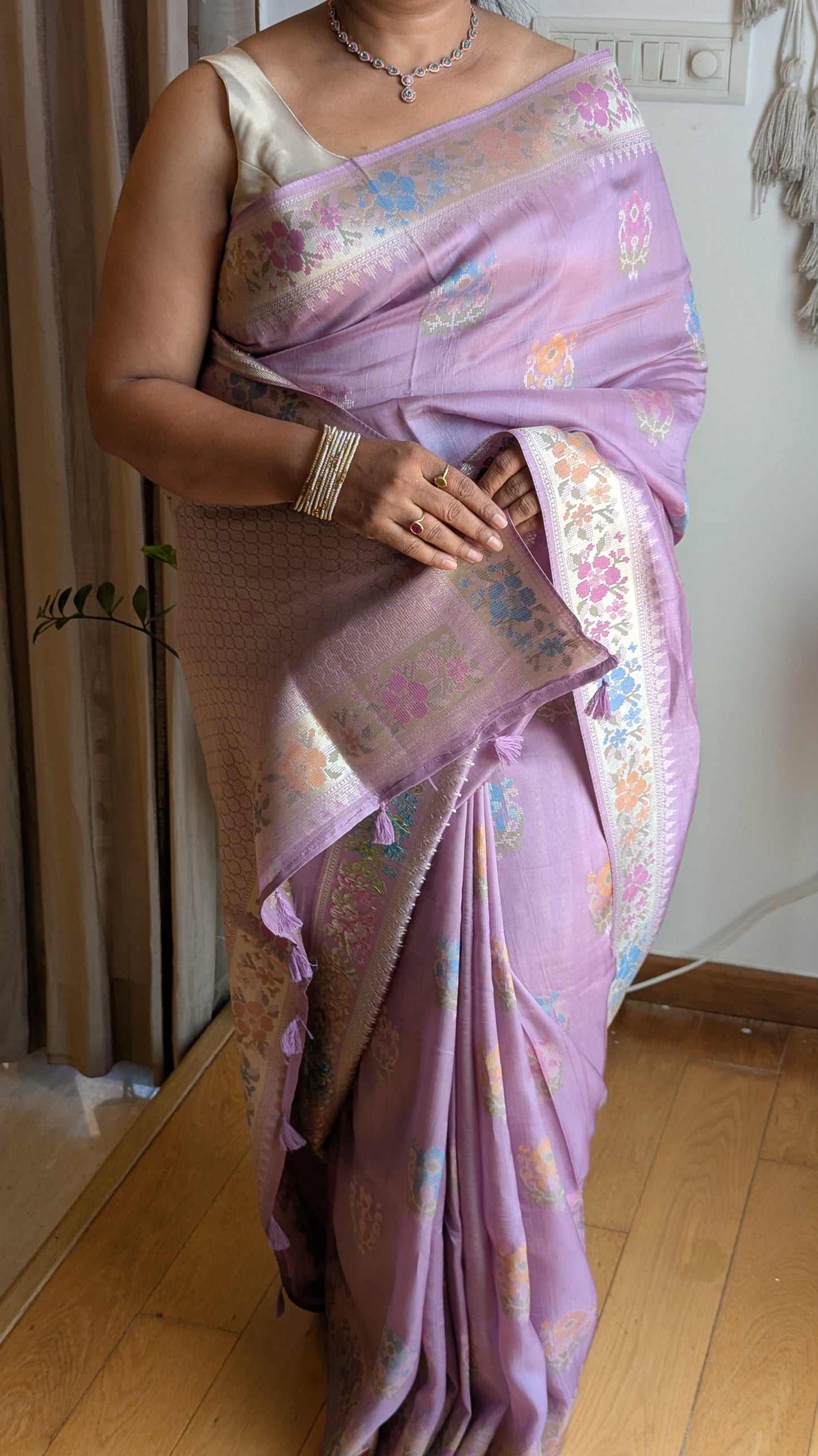 Lavender Soft Silk with Floral Silver Zari Motifs and Border