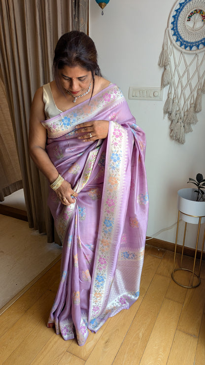 Lavender Soft Silk with Floral Silver Zari Motifs and Border