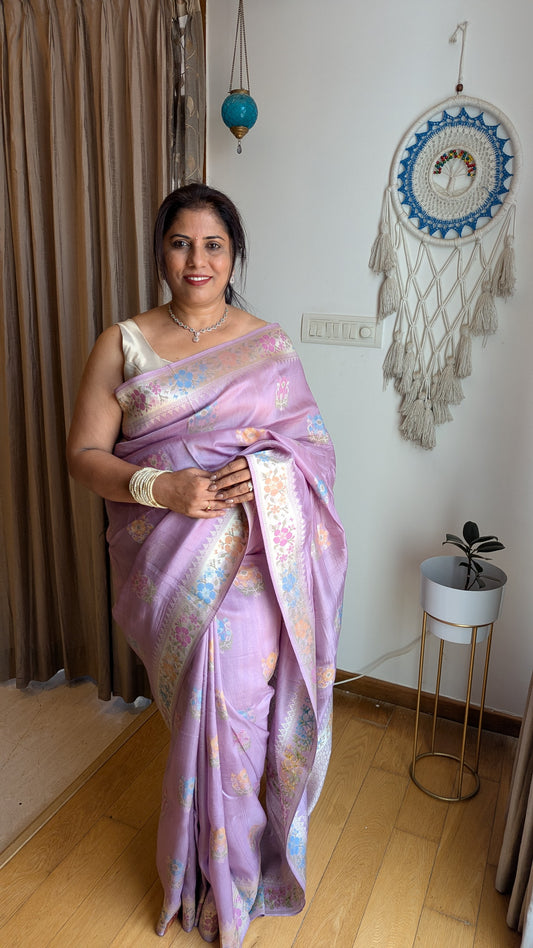 Lavender Soft Silk with Floral Silver Zari Motifs and Border
