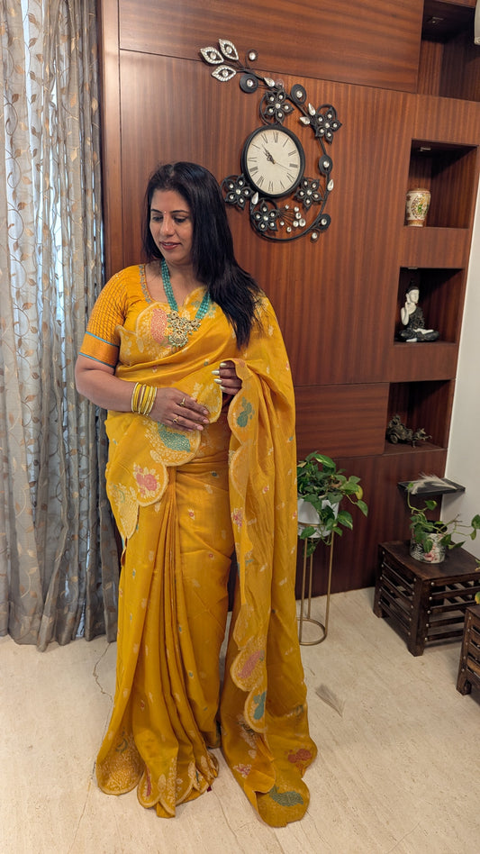 Yellow Banaras Silk with Scalloped Border with Peacock Motifs