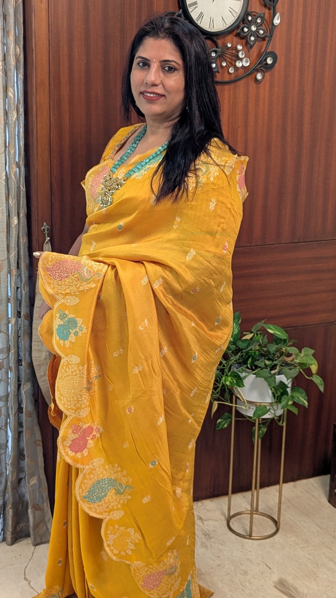 Yellow Banaras Silk with Scalloped Border with Peacock Motifs