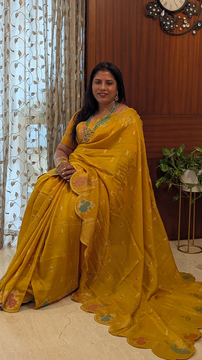 Yellow Banaras Silk with Scalloped Border with Peacock Motifs