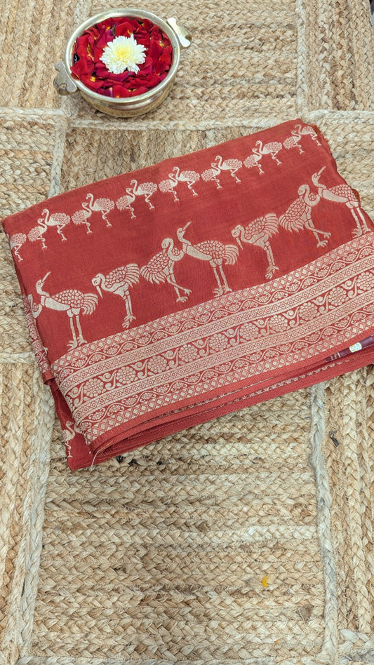 Rust Orange Banaras Crepe Silk with Flamingos Design