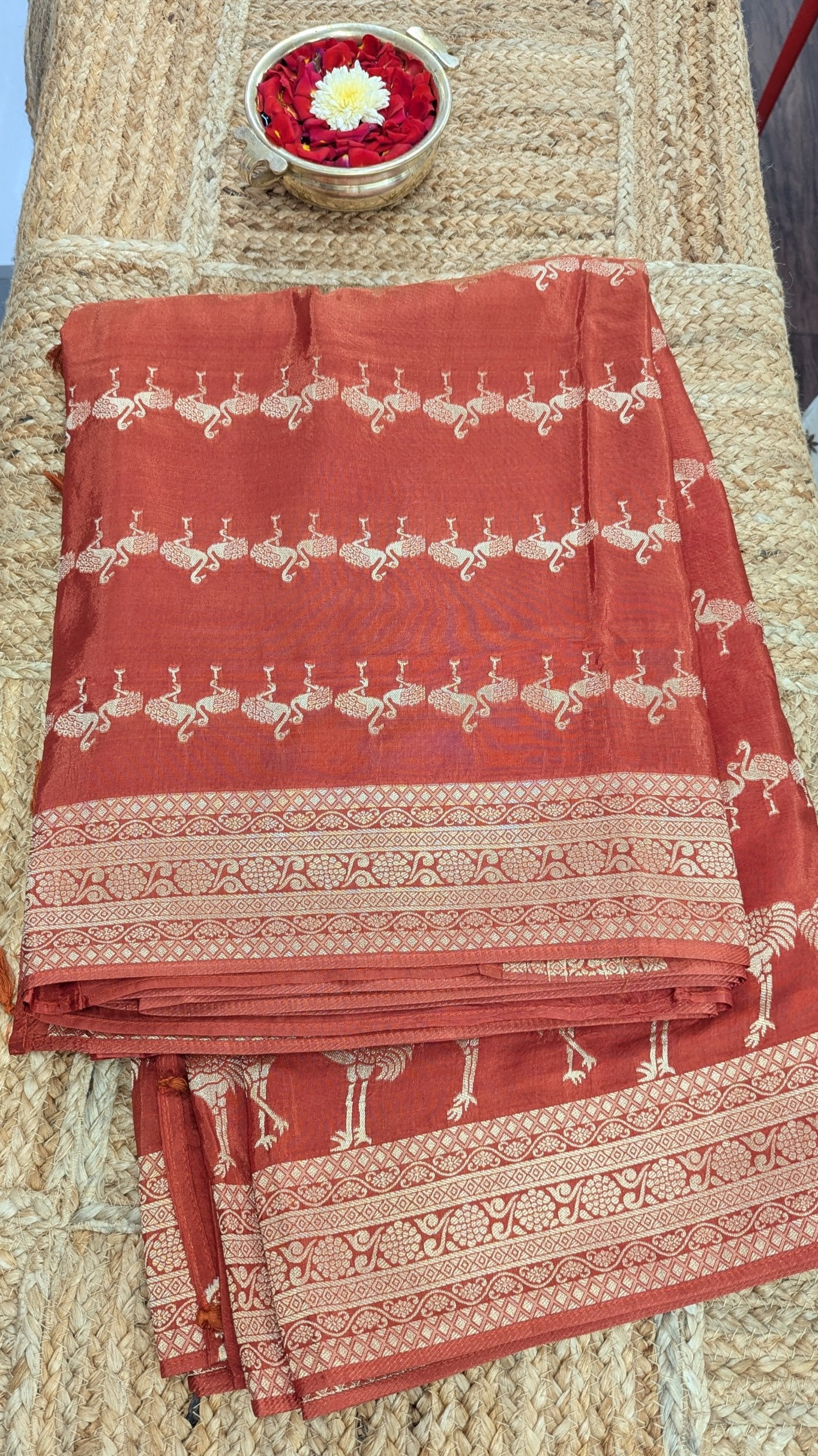 Rust Orange Banaras Crepe Silk with Flamingos Design