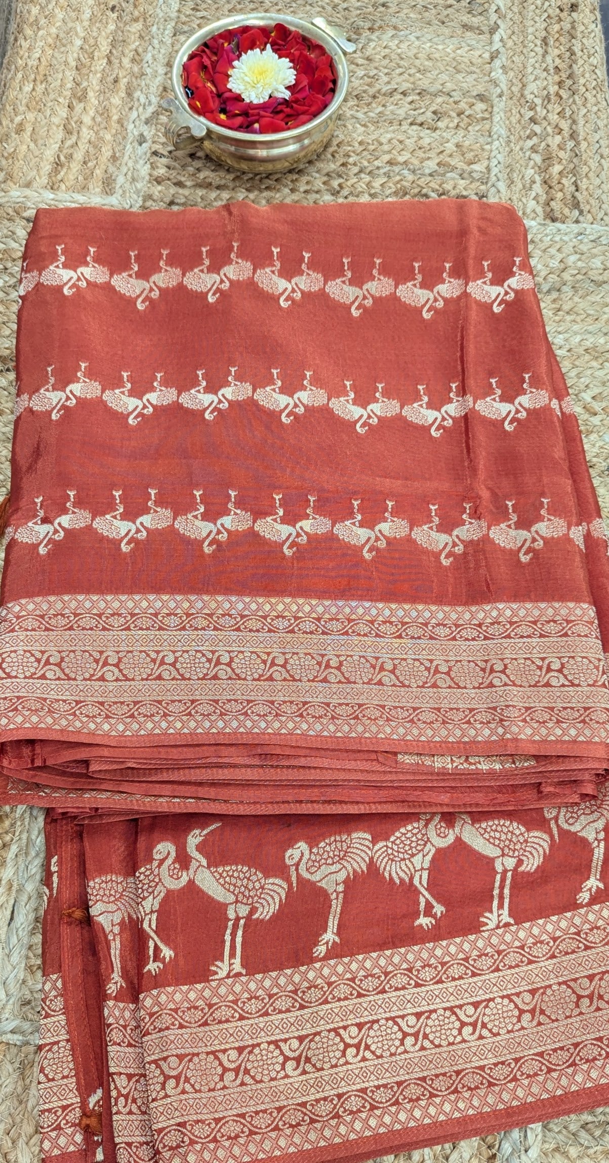 Rust Orange Banaras Crepe Silk with Flamingos Design
