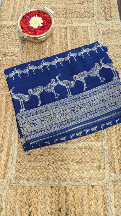 Blue Banaras Crepe Silk with Flamingos Design