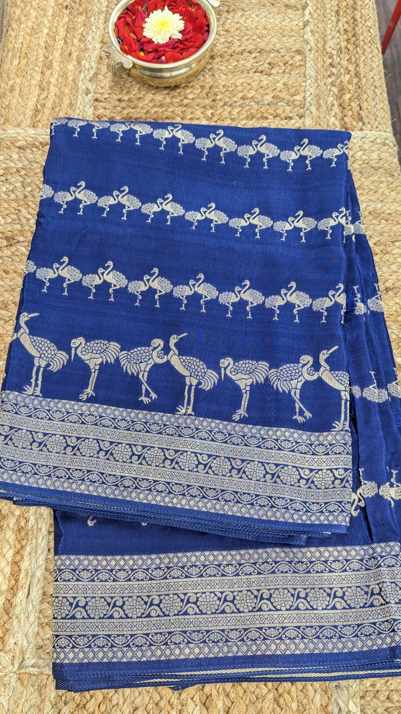 Blue Banaras Crepe Silk with Flamingos Design