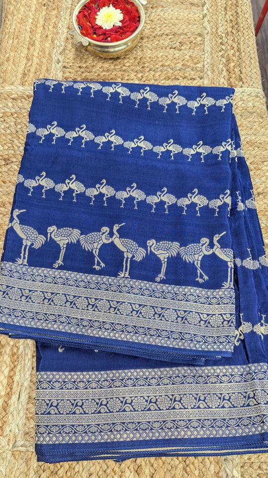 Blue Banaras Crepe Silk with Flamingos Design