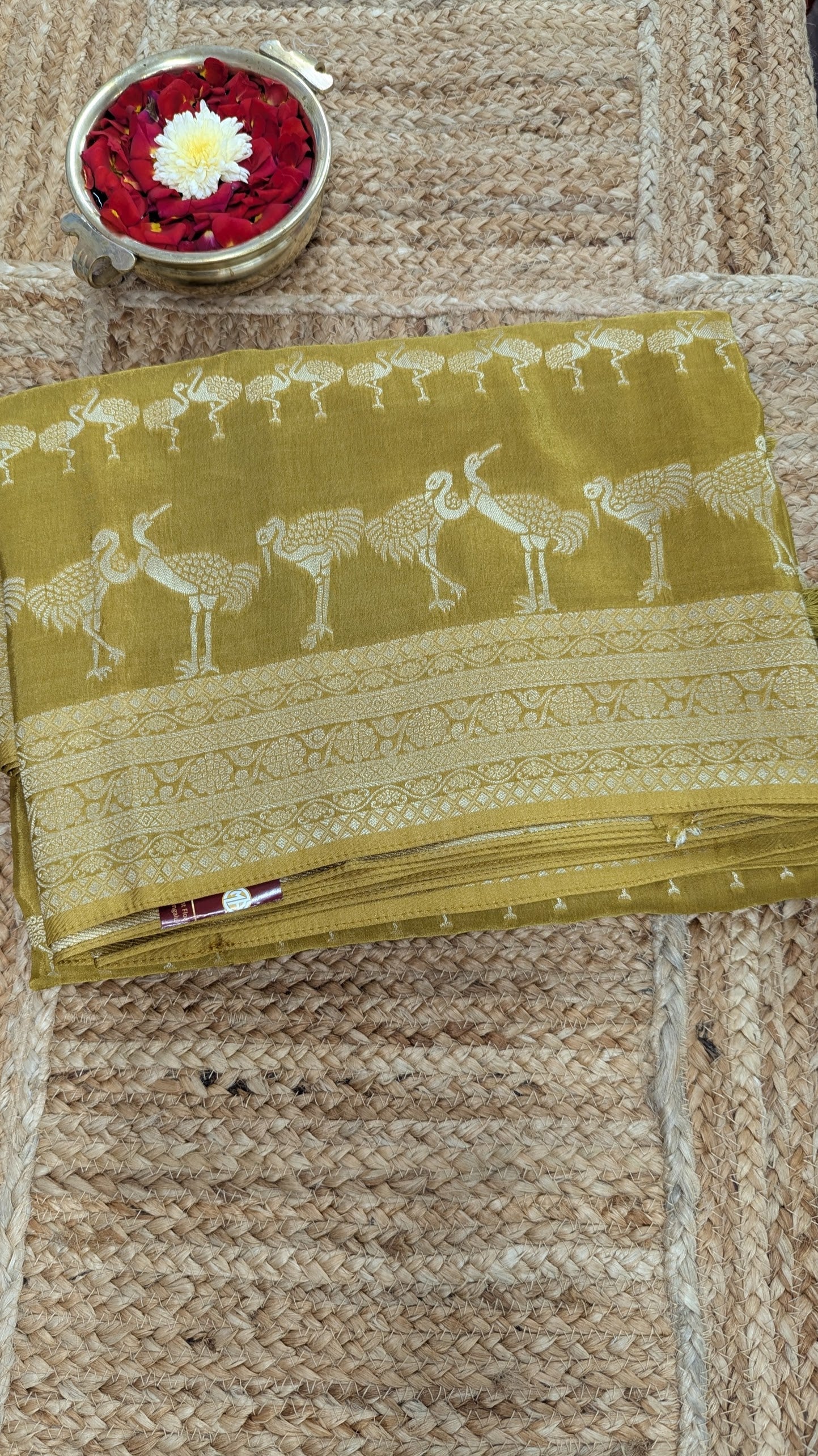 Mustard Yellow Banaras Crepe Silk with Flamingos Design