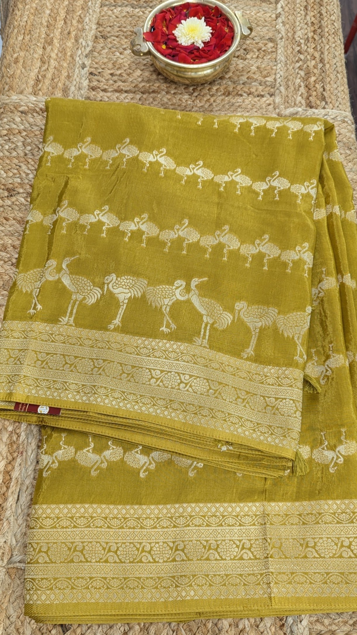 Mustard Yellow Banaras Crepe Silk with Flamingos Design