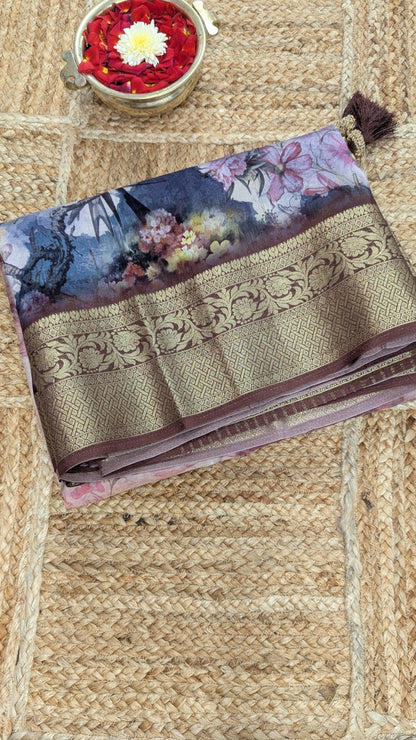 Birds Prints Premium Semi Crepe Silk Saree