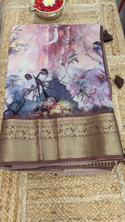 Birds Prints Premium Semi Crepe Silk Saree