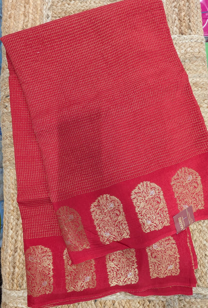 Red Small Checks Crepe Silk Saree