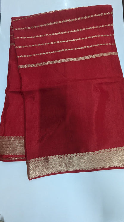 Red color Semi Crepe Silk Saree with Center Zari Lines and Border