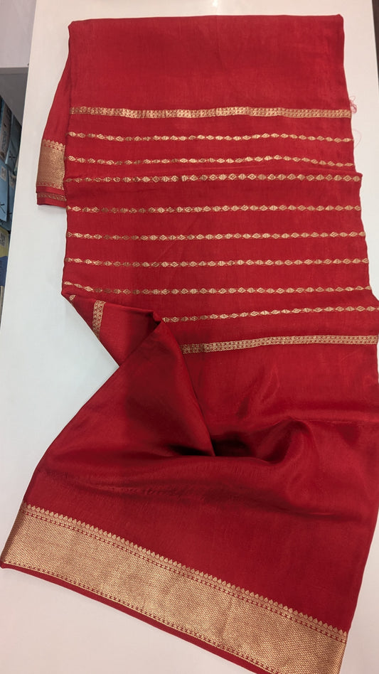 Red color Semi Crepe Silk Saree with Center Zari Lines and Border