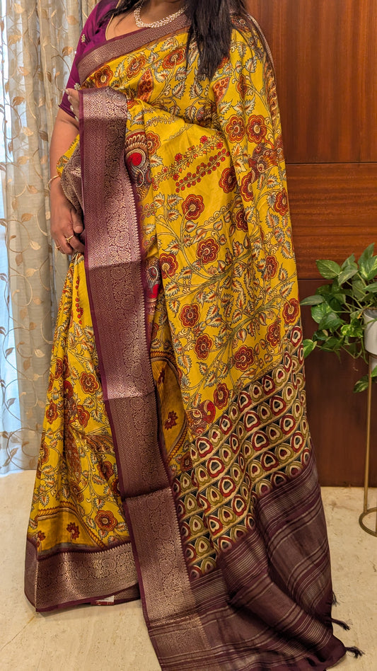 Yellow and Purple Printed Silk Saree