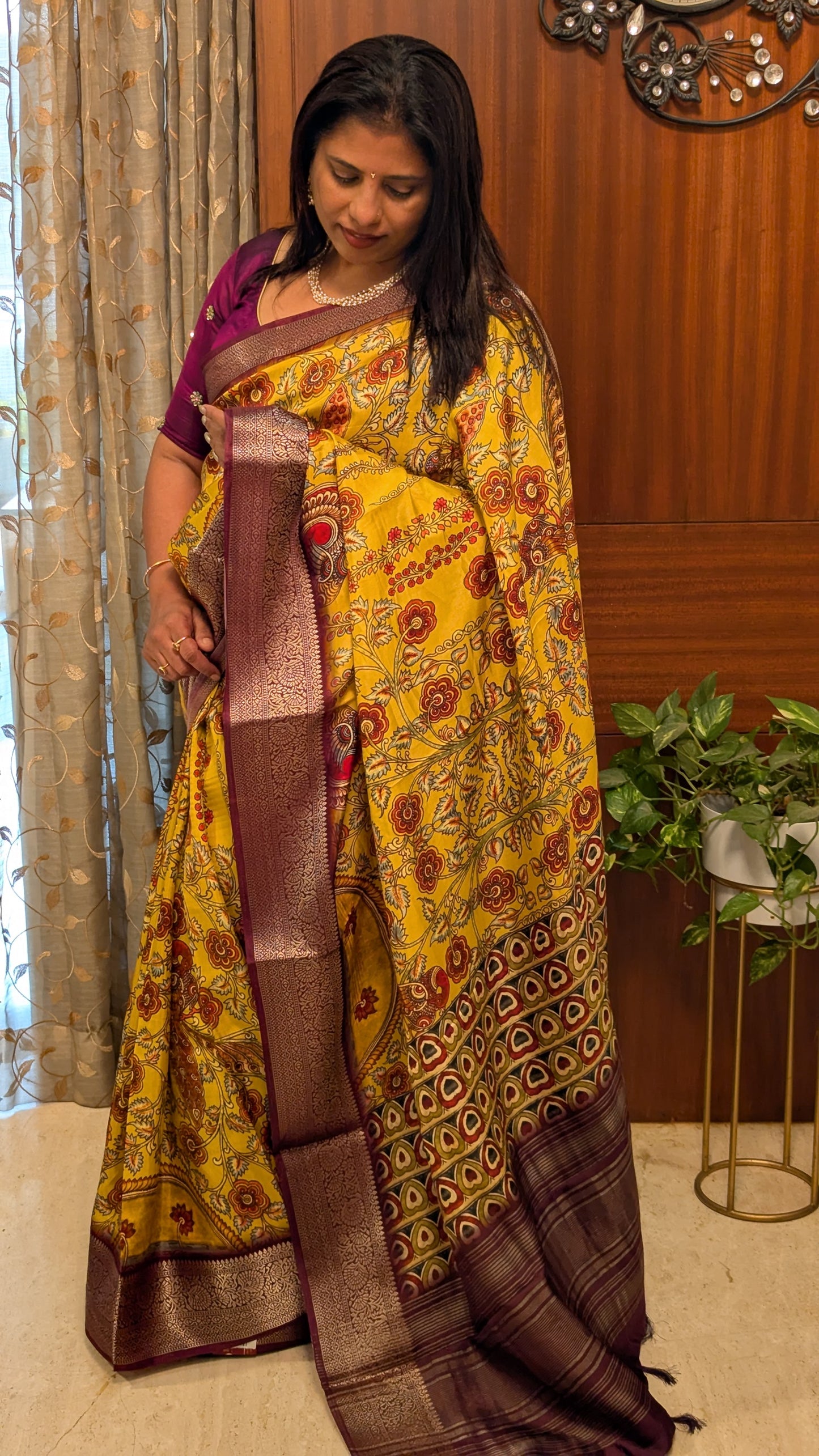 Yellow and Purple Printed Silk Saree