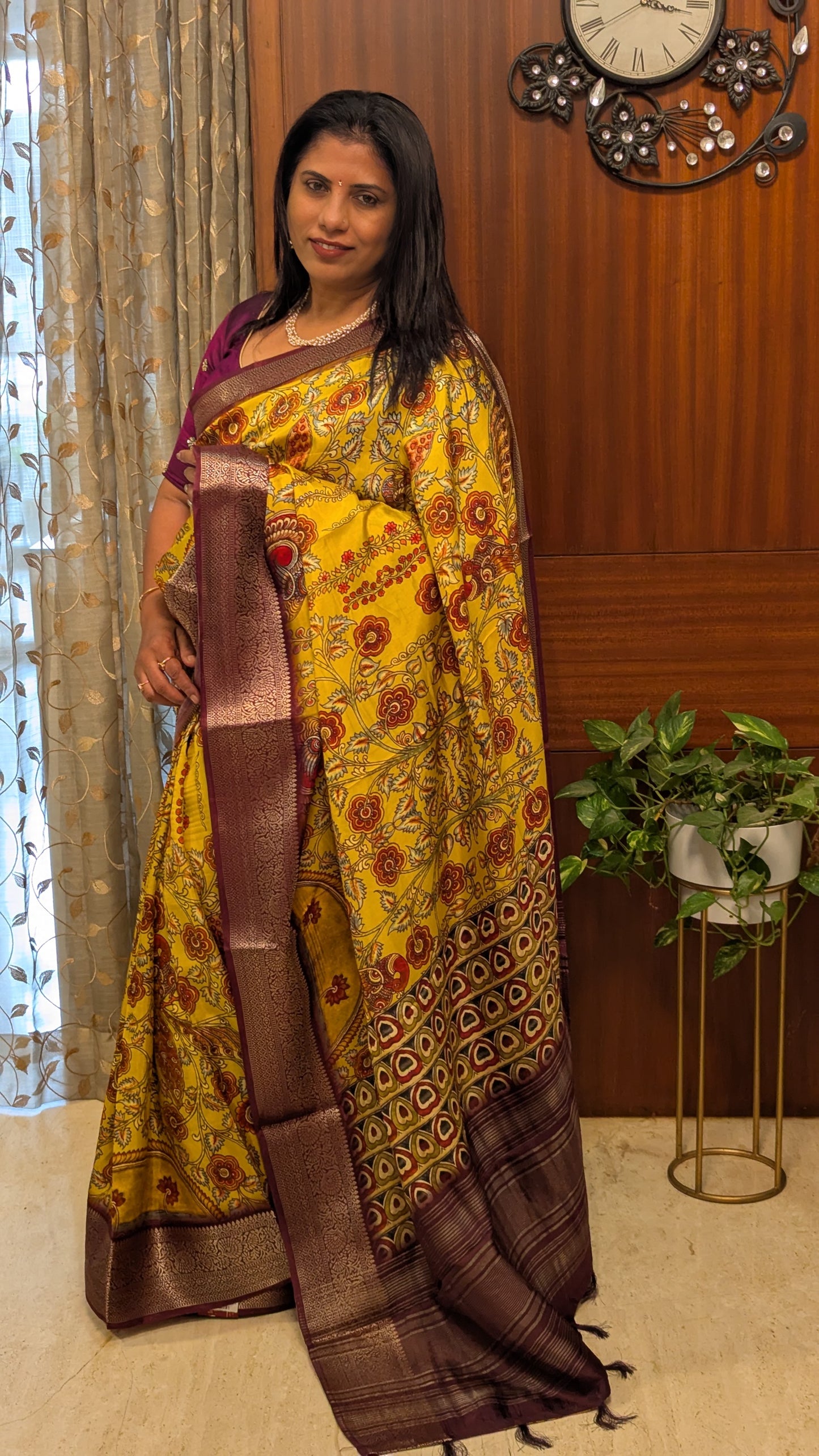 Yellow and Purple Printed Silk Saree