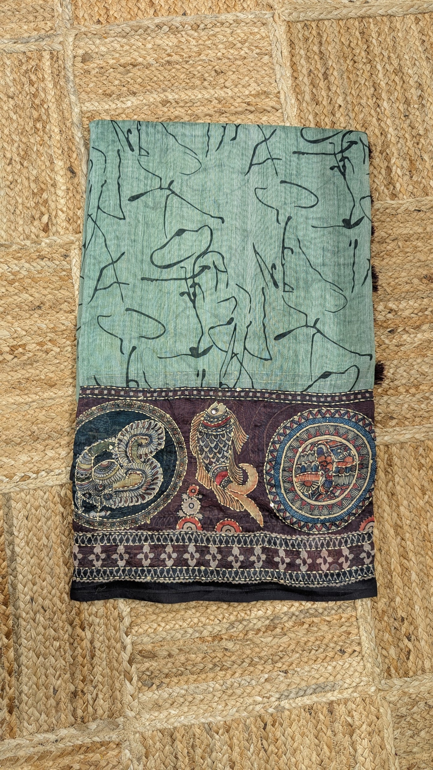 Green Soft Cotton Saree with Kantha Work