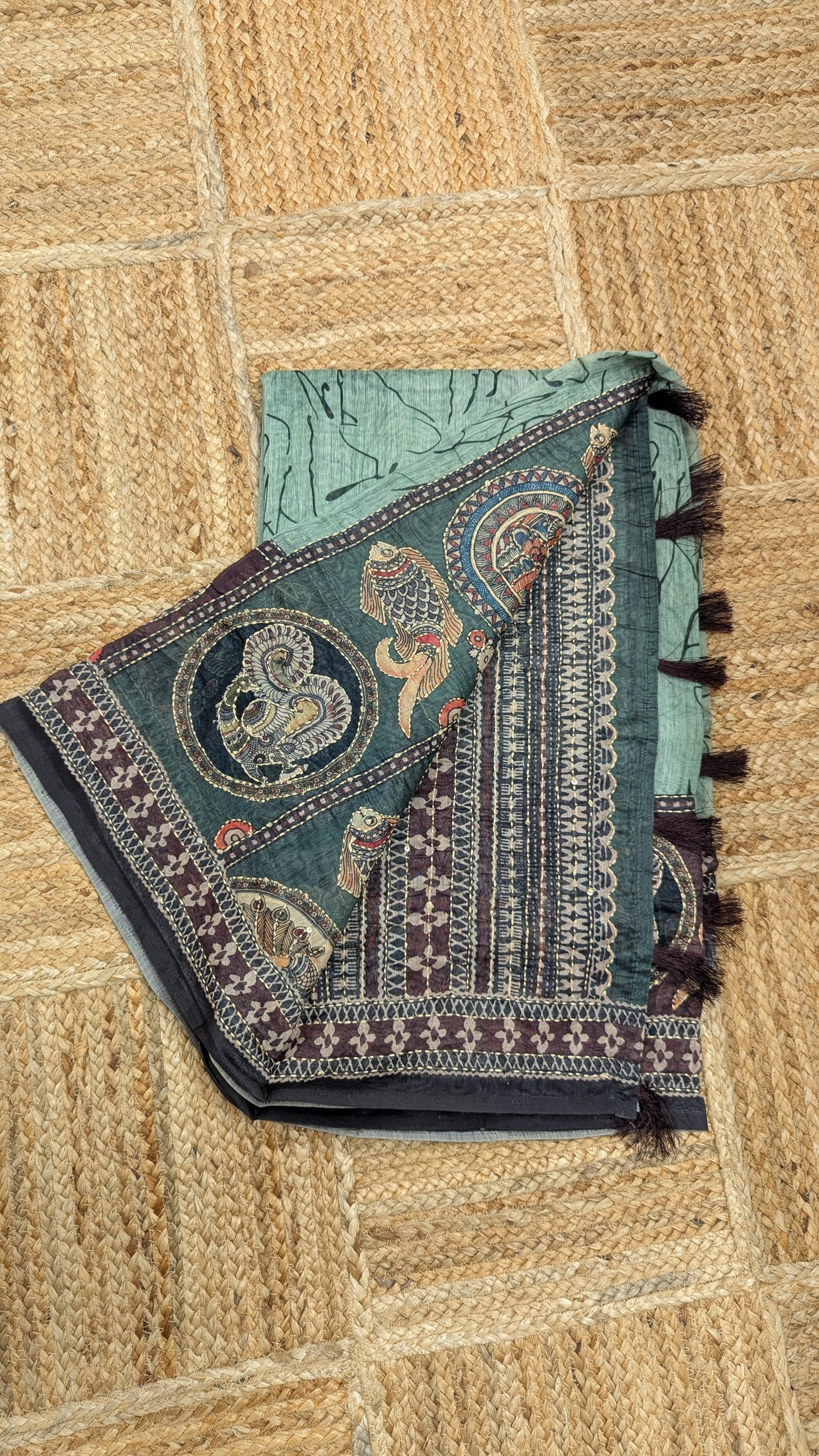 Green Soft Cotton Saree with Kantha Work