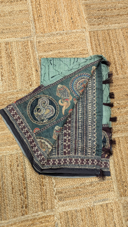 Green Soft Cotton Saree with Kantha Work