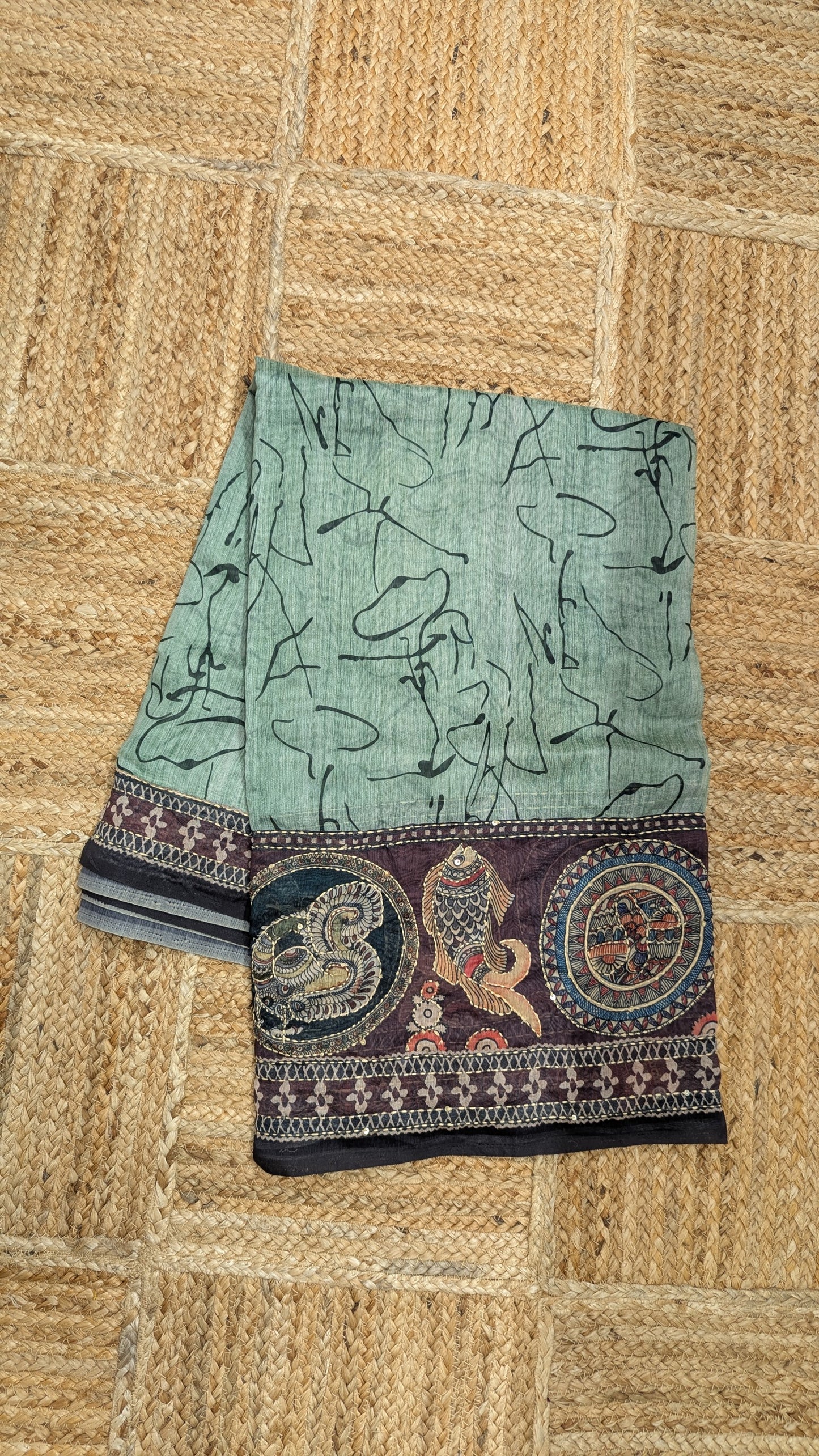 Green Soft Cotton Saree with Kantha Work
