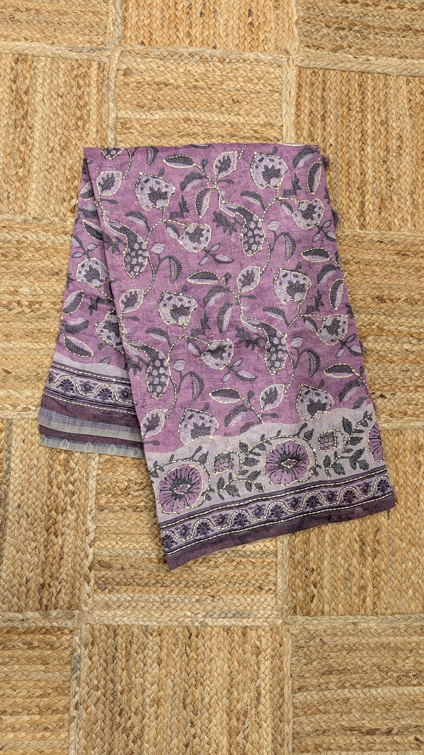 Lavendar Soft Cotton Saree with Kantha Work