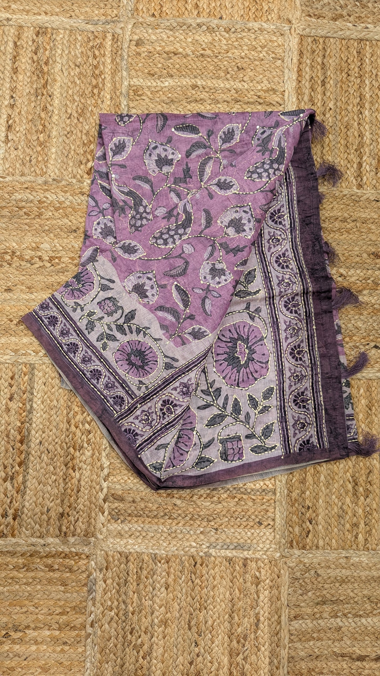 Lavendar Soft Cotton Saree with Kantha Work
