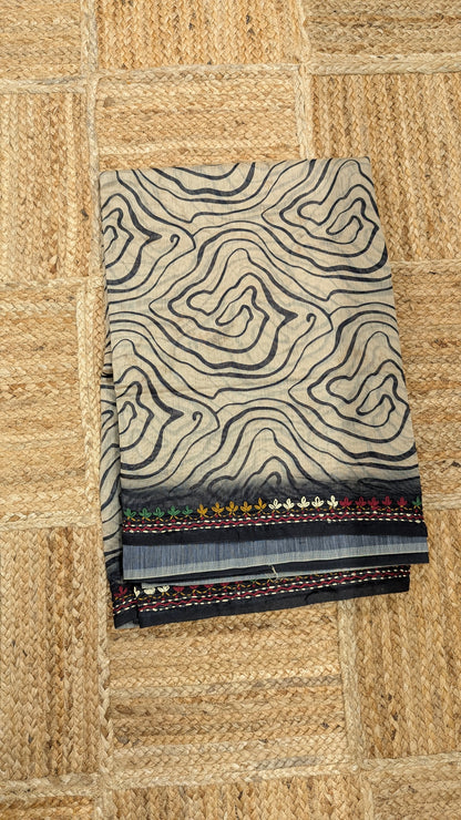Beige Soft Cotton Saree with Kantha Work