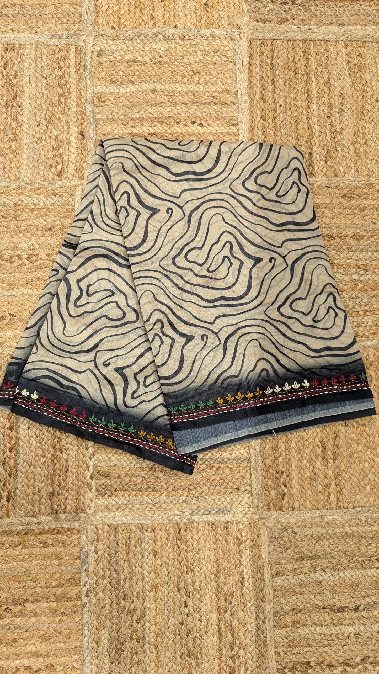 Beige Soft Cotton Saree with Kantha Work