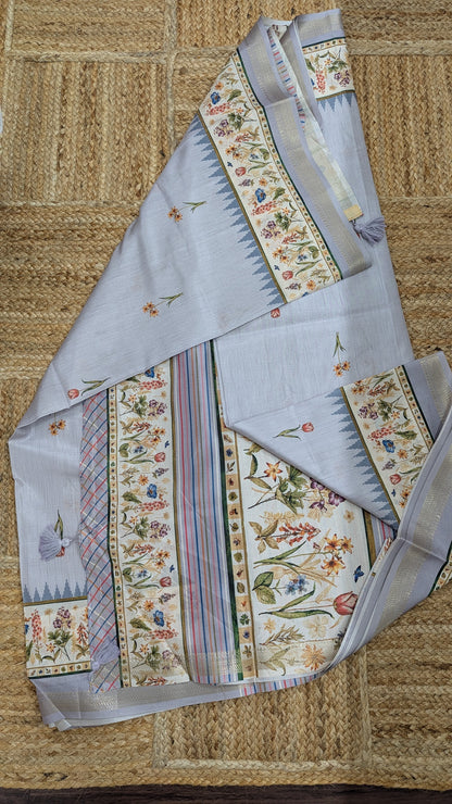 Grey color Tussar Silk Saree