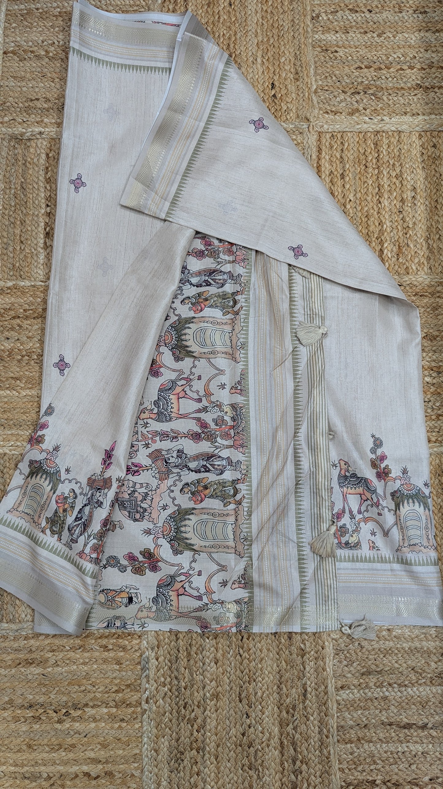 Cream color Tussar Silk Saree