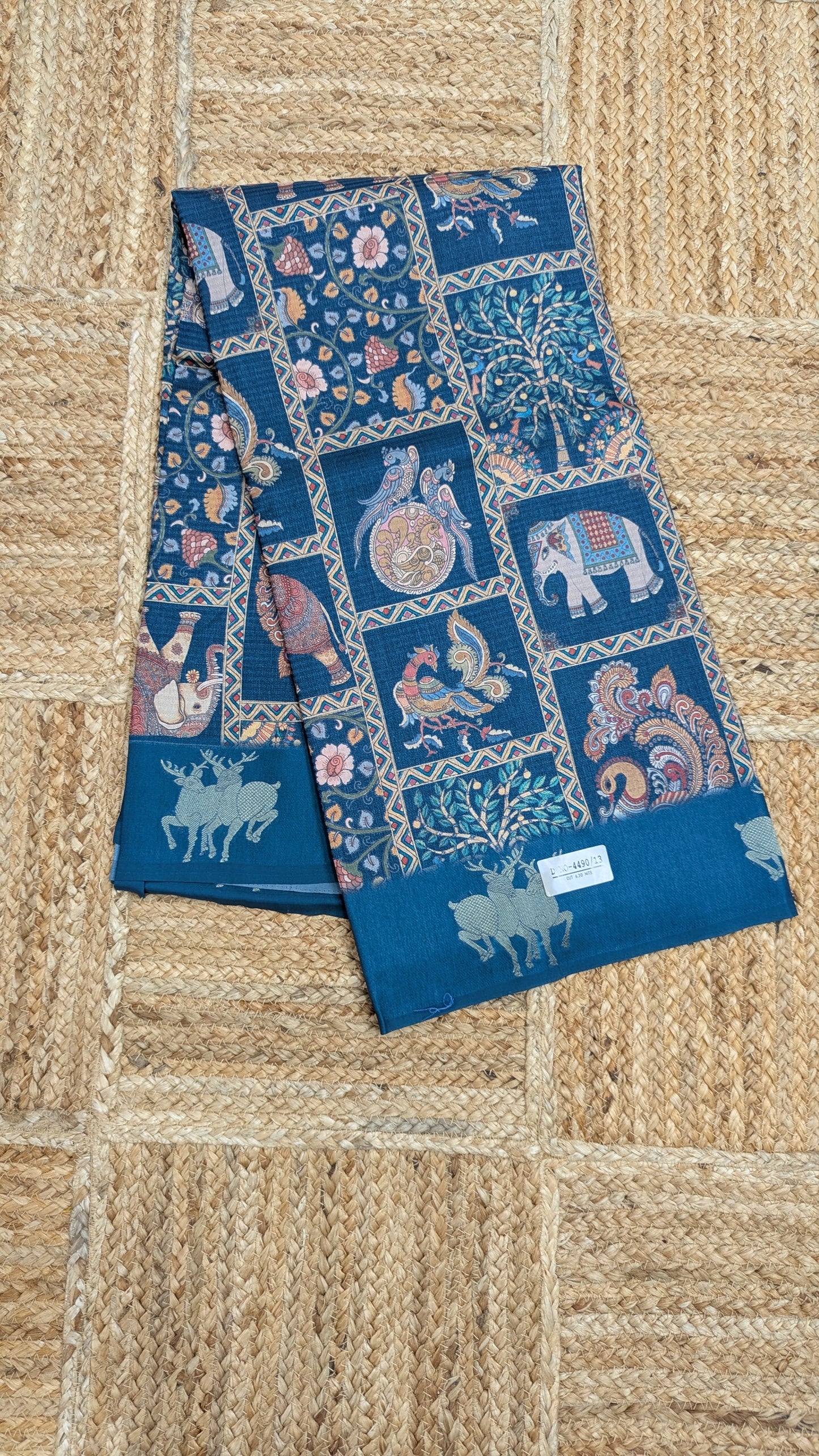 Pecock Blue Kosa Silk Saree with Block Prints