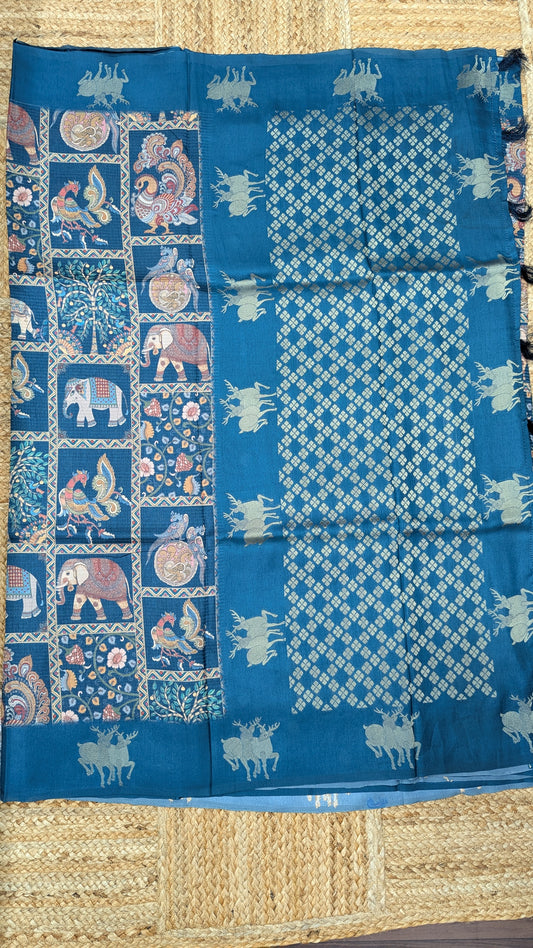 Pecock Blue Kosa Silk Saree with Block Prints